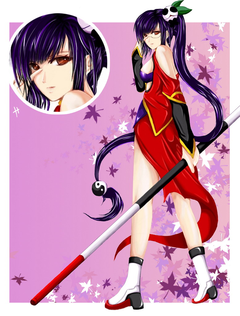 bonby (pixiv), hiro (bonby), lao jiu, litchi faye ling, arc system works, blazblue, blazblue: calamity trigger, 1girl, :3, black hair, breasts, brown eyes, china dress, chinese clothes, cleavage, dress, female focus, glasses, holding behind back, holding polearm, holding polearm behind back, holding weapon, holding weapon behind back, large breasts, long hair, panda, polearm, ponytail, shoes, solo, staff