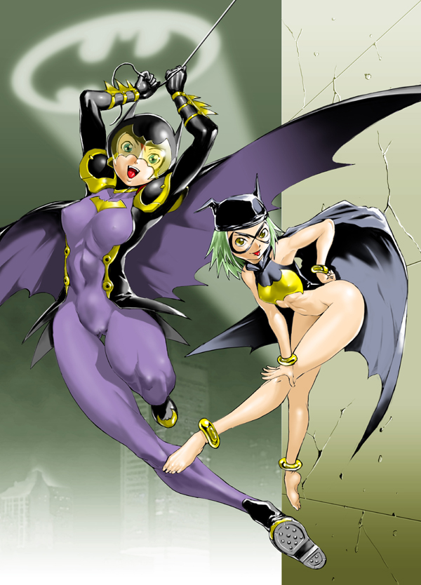 shimotsuki juugo, batgirl, batmite, batman (series), dc comics, 2girls, :p, abs, animification, anklet, bare shoulders, barefoot, bodysuit, bottomless, bracelet, breasts, cameltoe, cape, covered erect nipples, feet, flat chest, genderswap, genderswap (mtf), green eyes, green hair, hat, helmet, jewelry, large breasts, legs, leotard, mask, midriff, multiple girls, muscular, navel, nipples, open mouth, purple bodysuit, see-through clothes, shoes, skin tight, smile, sneakers, spandex, thighs, tongue, tongue out, unitard, yellow eyes