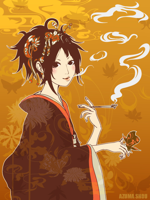 azuma shou, original, bug, butterfly, insect, japanese clothes, kiseru, ponytail, smoking, smoking pipe, solo