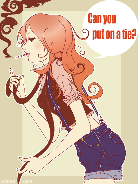 azuma shou, original, cigarette, english text, necktie, red hair, smoking, solo, text focus