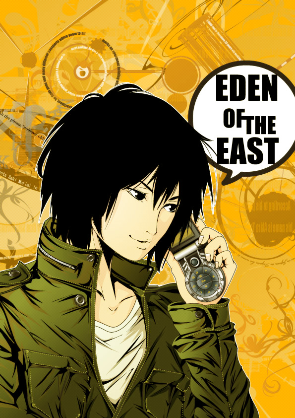 azuma shou, takizawa akira, higashi no eden, 00s, 1boy, black eyes, black hair, cellphone, coat, english text, male focus, phone, solo, speech bubble, talking on phone, text focus, upper body