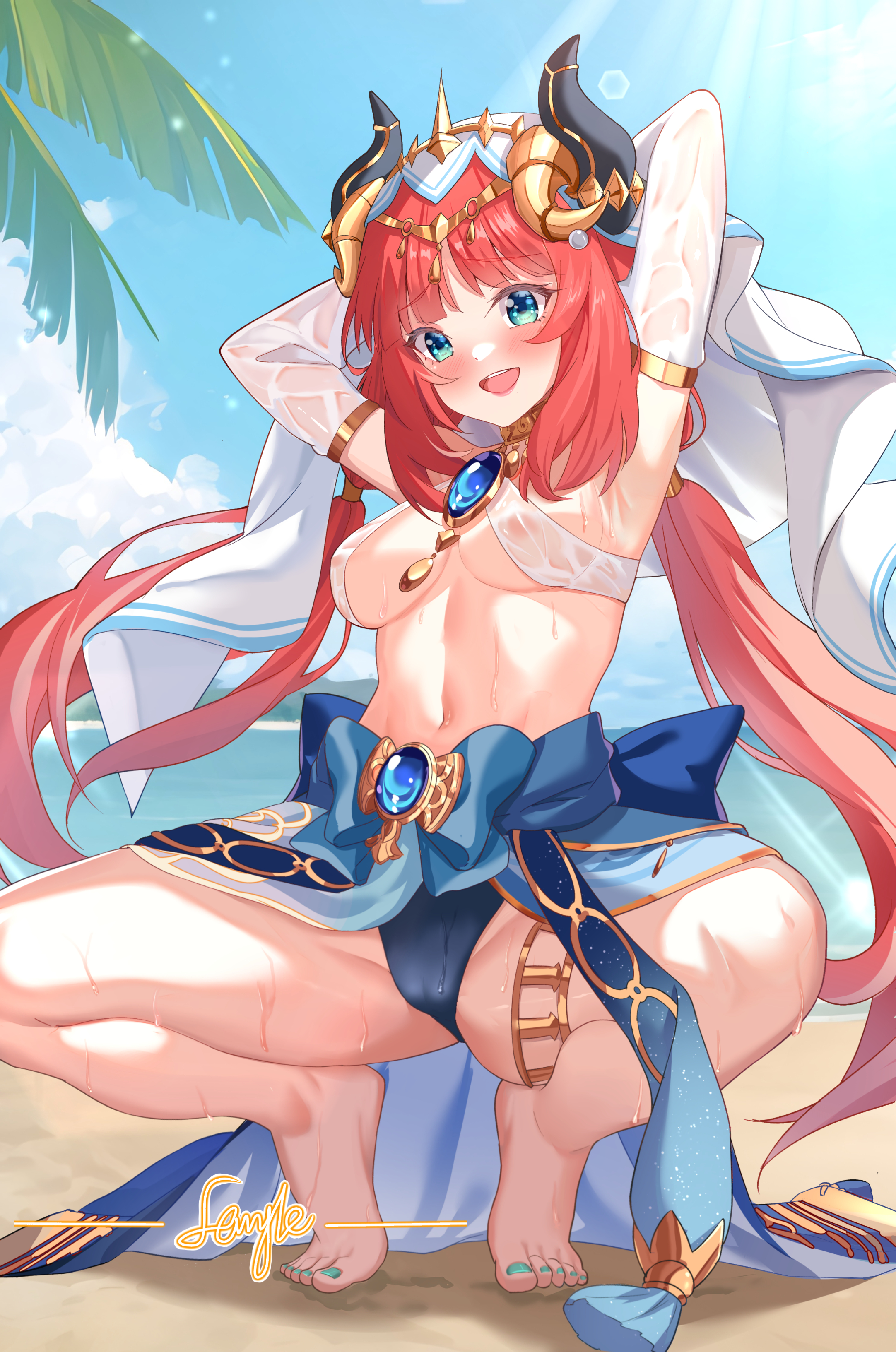 gher5, nilou (genshin impact), genshin impact, absurdres, commentary, highres, mixed-language commentary, 1girl, aqua eyes, armpits, arms up, barefoot, blush, breasts, brooch, cameltoe, circlet, crop top, dancer, fake horns, feet, gold trim, harem outfit, horns, jewelry, long hair, long sleeves, looking at viewer, medium breasts, navel, neck ring, nipples, puffy long sleeves, puffy sleeves, red hair, see-through clothes, smile, solo, spread legs, squatting, stomach, sweat, thighlet, thighs, toes, twintails, veil, wet, wet clothes, white headdress, white veil