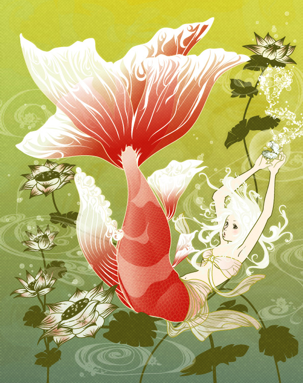 azuma shou, original, 1girl, armpits, arms up, bandeau, blush, falling, female focus, fish, floating hair, flower, goldfish, halftone, halftone background, lotus, mermaid, monster girl, parted lips, sarong, scales, seashell, see-through clothes, see-through sarong, shell, solo, white hair