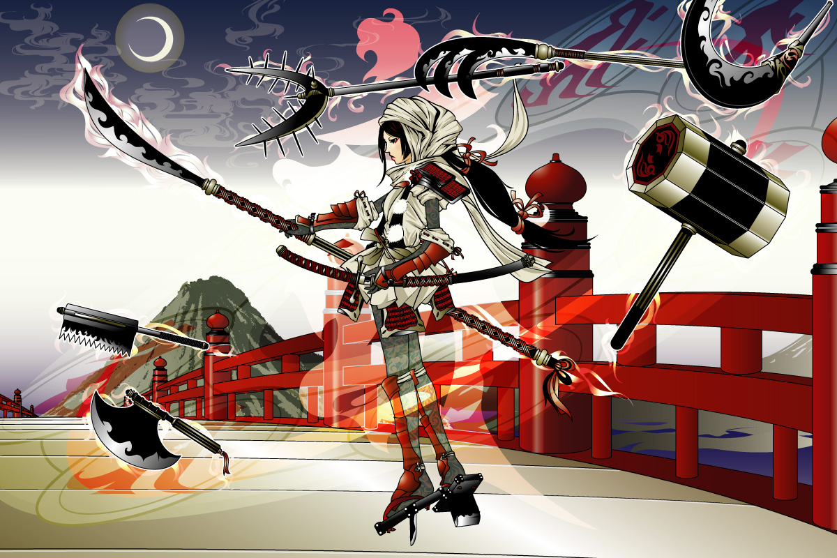 azuma shou, original, blade, 1girl, armor, axe, black hair, bridge, female focus, full body, gauntlets, geta, greaves, hammer, hood, japanese armor, japanese clothes, japanese saw, katana, long hair, mountain, naginata, nun, polearm, ponytail, ribbon, saw, scarf, solo, spear, spikes, sword, tattoo, tengu-geta, weapon