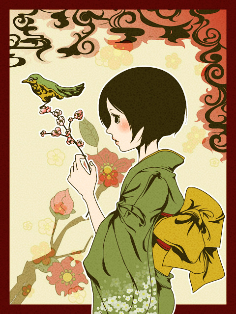 azuma shou, original, 1girl, bird, black eyes, black hair, blush, border, female focus, flower, japanese clothes, profile, red border, solo