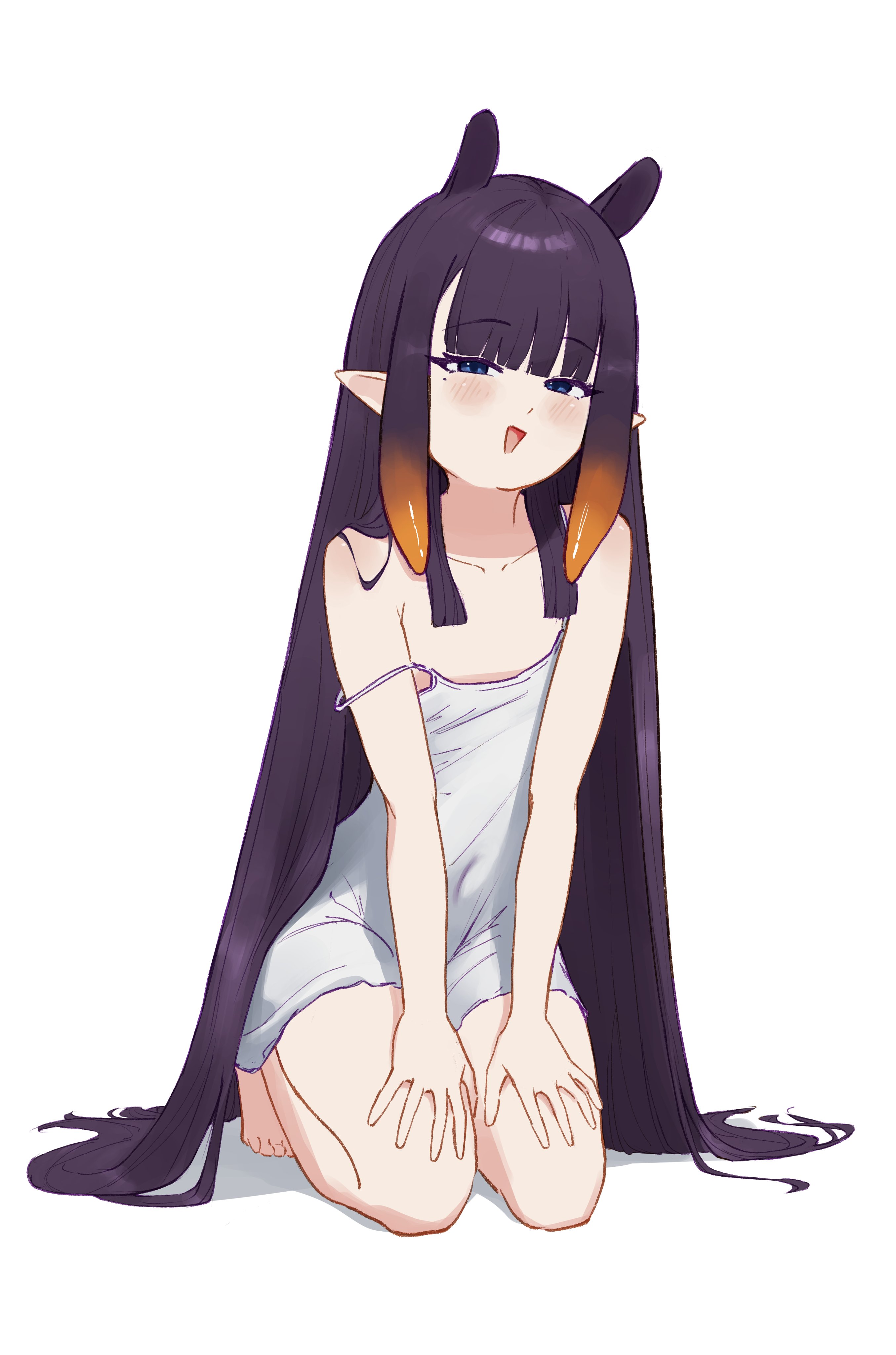 ninomae ina'nis, tagme, 1girl, blue eyes, flat chest, long hair, mole, mole under eye, nightgown, purple hair, toes
