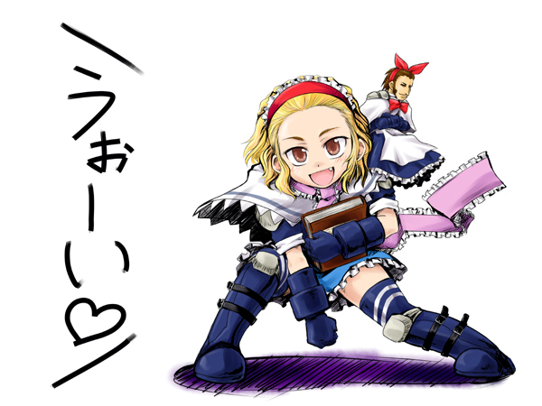 imai nyuu, inusurvivor, alice margatroid, maxima, m.u.g.e.n, snk, the king of fighters, touhou, 1girl, blonde hair, book, brown eyes, crossover, doll, if they mated