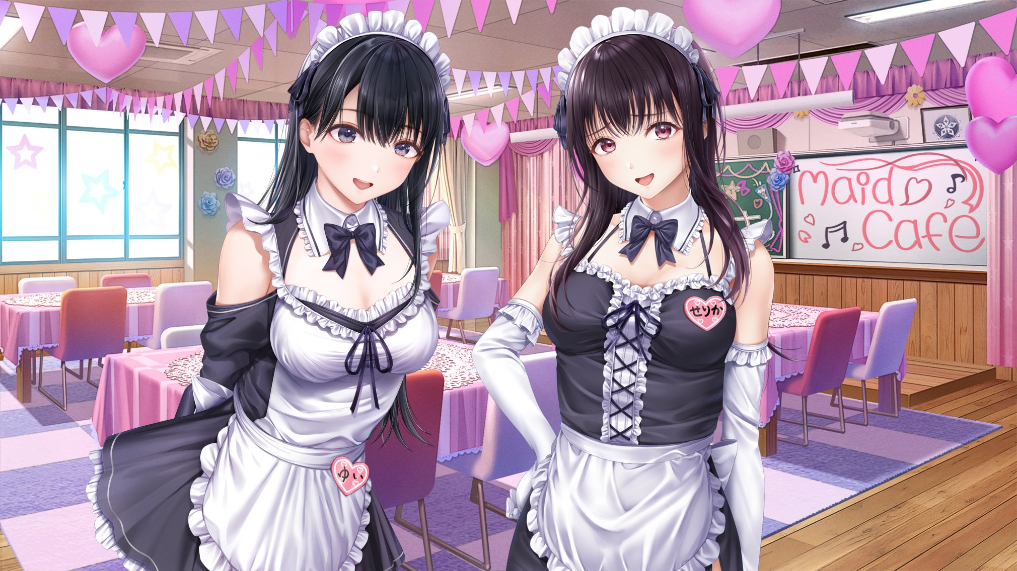 konomi yui, momojiri serika, seifuku kanojo, artist request, commentary request, highres, 2girls, alternate costume, apron, arms behind back, bare shoulders, black bow, black bowtie, black dress, black eyes, black hair, black sleeves, bow, bowtie, breasts, bunting, chair, detached collar, detached sleeves, dress, elbow gloves, enmaided, gloves, hand on own hip, indoors, looking at viewer, maid, maid apron, maid cafe, maid day, maid headdress, medium breasts, multiple girls, open mouth, pink eyes, smile, table, waist apron, white gloves