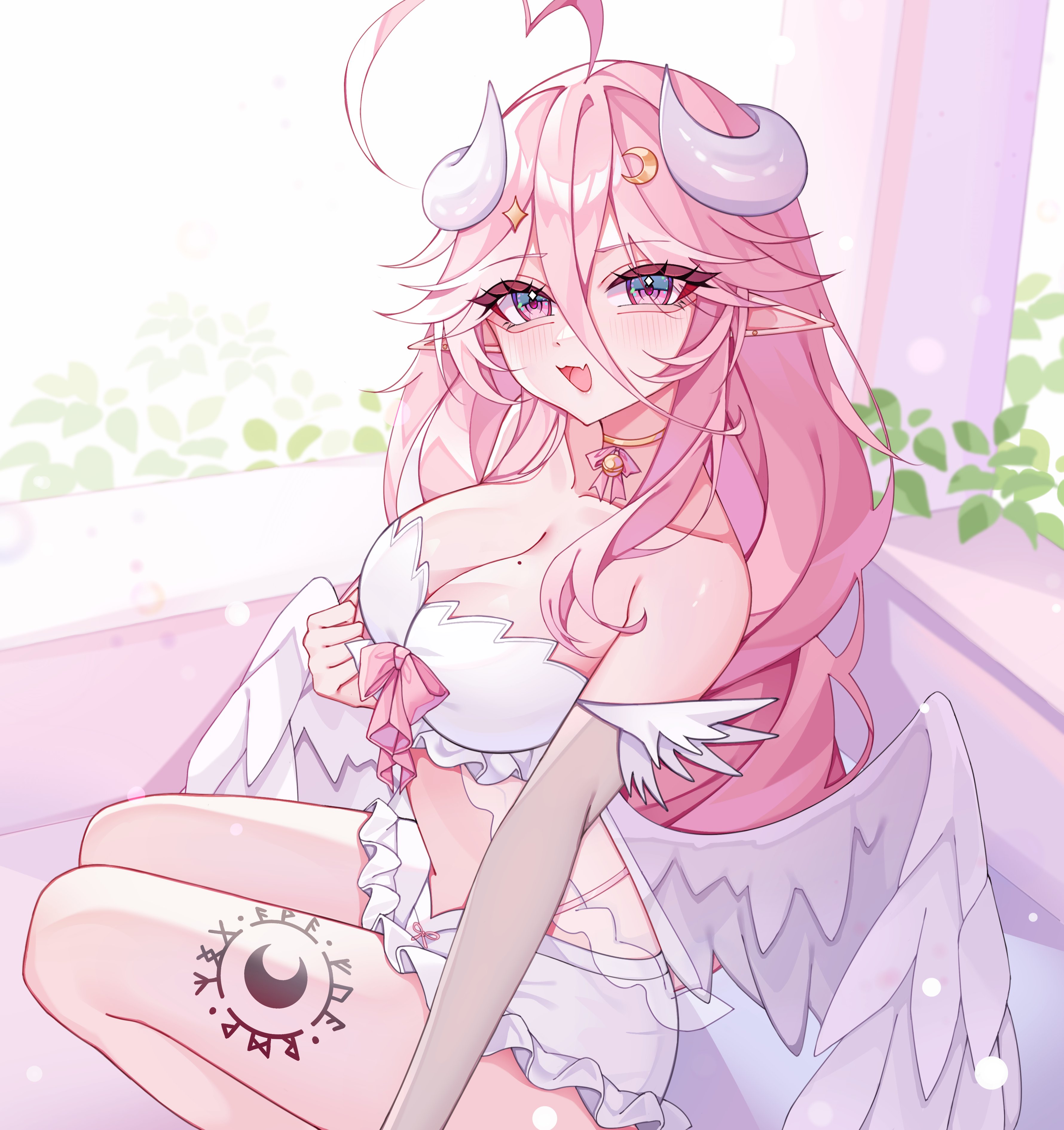 rosebell (vtuber), indie virtual youtuber, absurdres, highres, 1girl, ahoge, bell, bow, breasts, cleavage, crescent, crescent hair ornament, feathered wings, grey horns, hair between eyes, hair ornament, horns, long hair, low wings, mole, mole on breast, neck bell, open mouth, pink bow, pink eyes, pointy ears, rinne (rinne oi), solo, virtual youtuber, white wings, wings