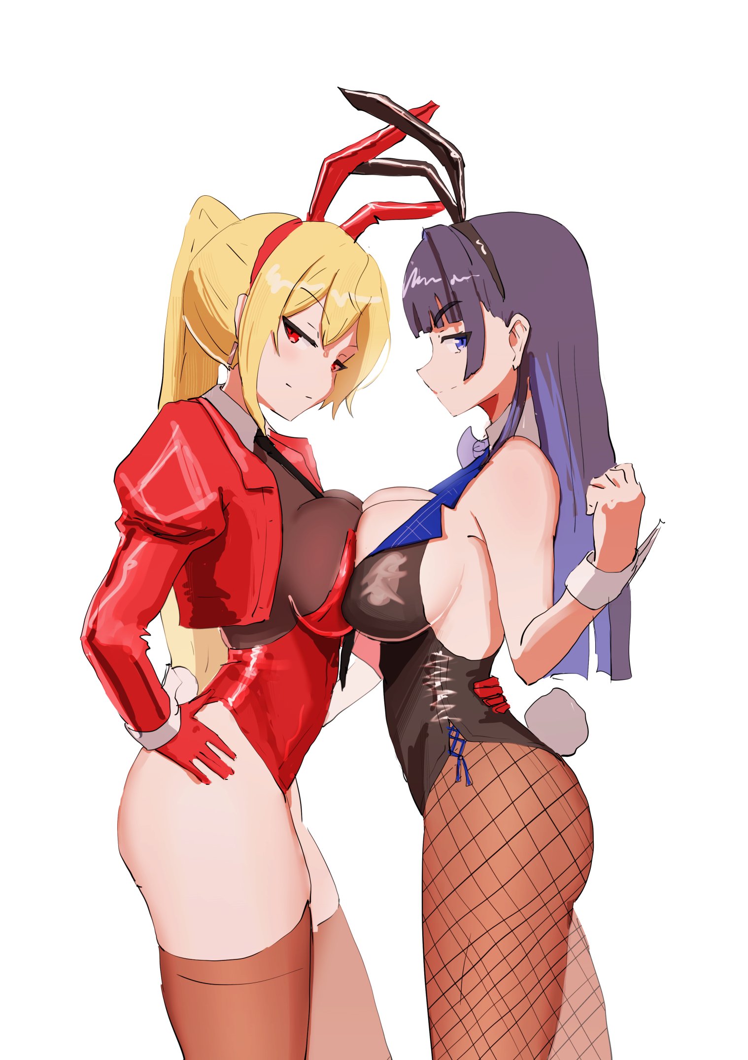 angelchama, kaela kovalskia, ouro kronii, hololive, hololive english, hololive indonesia, highres, 2girls, animal ears, blonde hair, blue hair, breast press, breasts, large breasts, multiple girls, playboy bunny, rabbit ears, red eyes, simple background, symmetrical docking, thighs