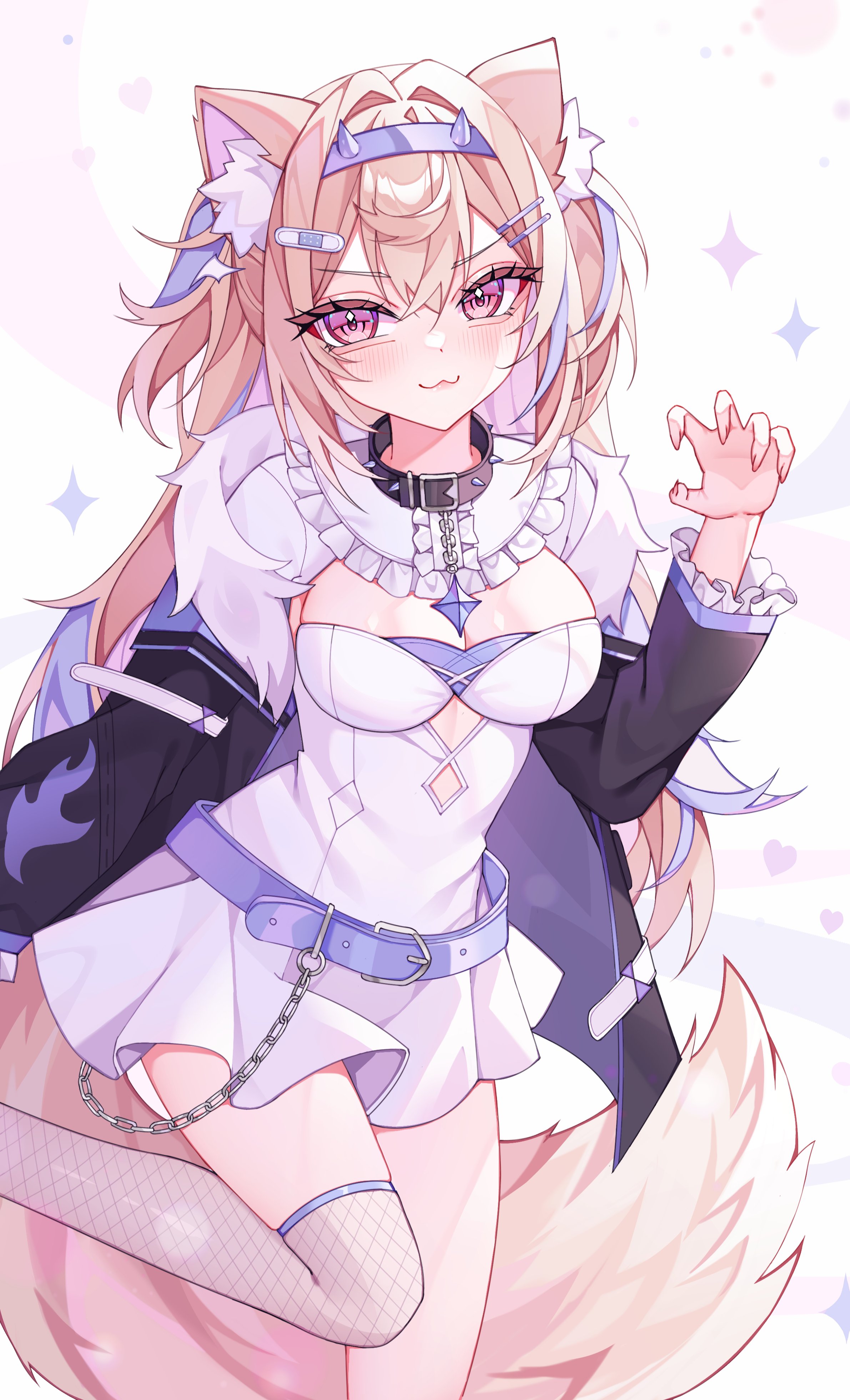 fuwawa abyssgard, hololive, hololive english, absurdres, commentary, highres, symbol-only commentary, 1girl, :3, animal ear fluff, animal ears, bandaid, bandaid hair ornament, belt, black collar, black jacket, blue belt, blue hairband, breasts, cleavage, collar, colored inner hair, dog ears, dog girl, dog tail, dress, fishnet thighhighs, fishnets, hair ornament, hairband, hairpin, jacket, long hair, multicolored hair, open clothes, open jacket, pink eyes, rinne (rinne oi), single thighhigh, solo, spiked collar, spikes, tail, thighhighs, white dress