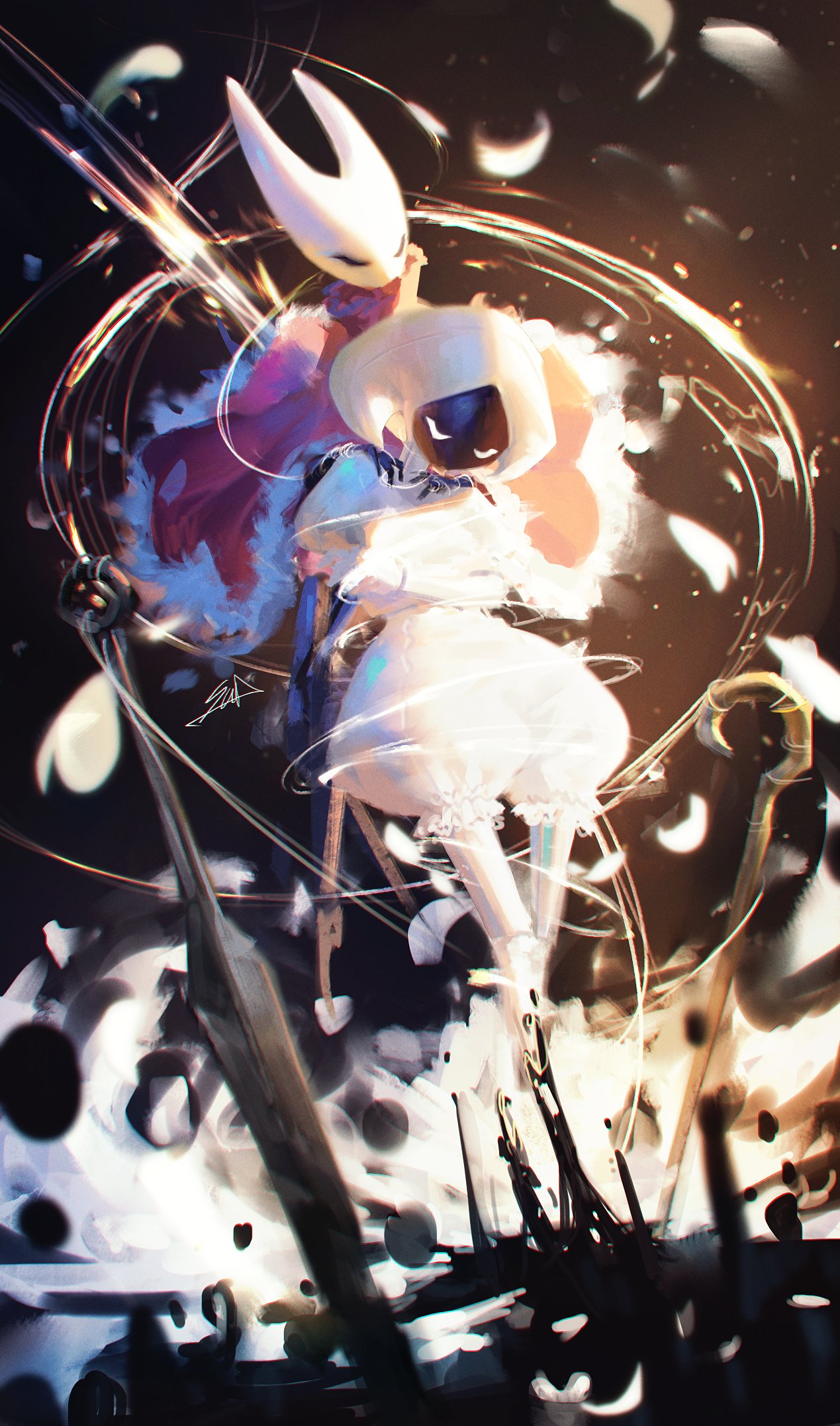sophyucha, hornet (hollow knight), lace (hollow knight), hollow knight, hollow knight: silksong, highres, 1girl, 2girls, arthropod girl, black skin, cloak, closed eyes, colored skin, crossed arms, fluffy, horned mask, horns, juliet sleeves, long sleeves, mask, multiple girls, needle (hollow knight), pin (hollow knight), puffy sleeves, red cloak, signature, thread, weapon, white mask