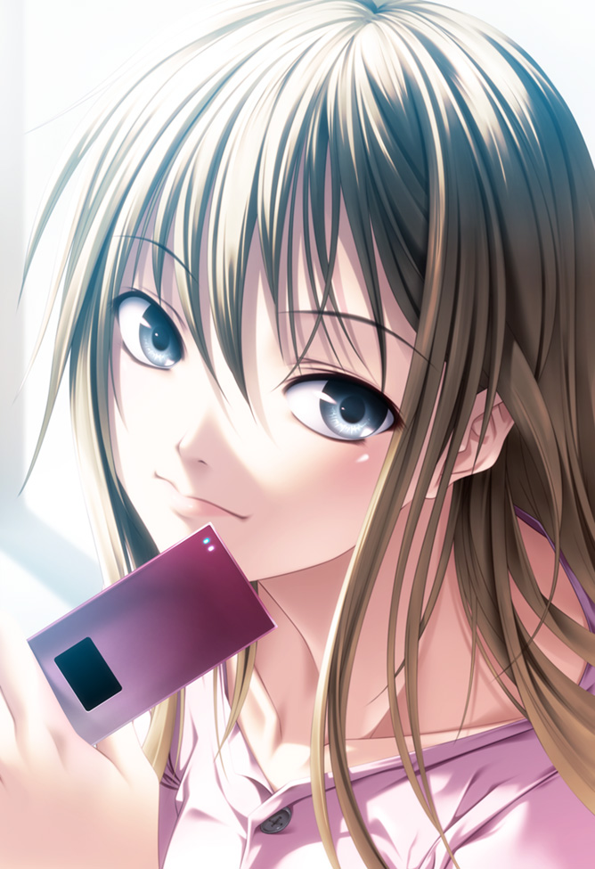 rezi, original, bad id, bad pixiv id, blue eyes, brown hair, cellphone, grey eyes, long hair, phone, smile, solo