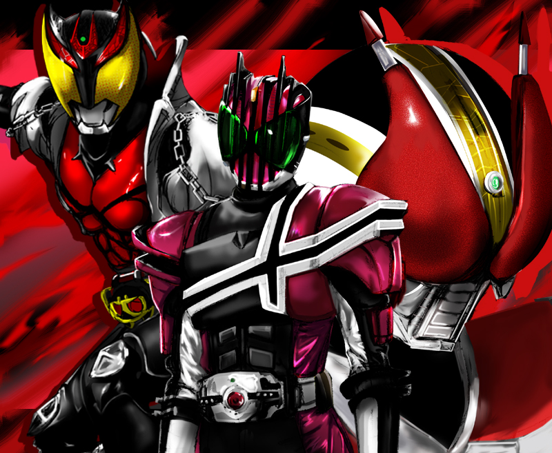 nof, kamen rider decade, kamen rider den-o, kamen rider kiva, kamen rider, kamen rider dcd, kamen rider den-o (series), kamen rider kiva (series), bad id, bad pixiv id, 3boys, armor, belt, bodysuit, cowboy shot, goggles, looking at viewer, male focus, multiple boys
