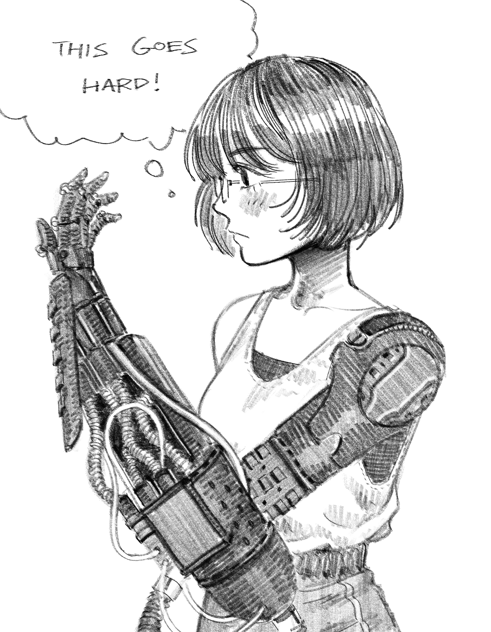 heidi (heytherenrds), original, highres, 1girl, blush, collarbone, english text, glasses, mechanical arms, monochrome, prosthesis, prosthetic arm, short hair, single mechanical arm, sketch, solo, speech bubble, thought bubble, tube, upper body