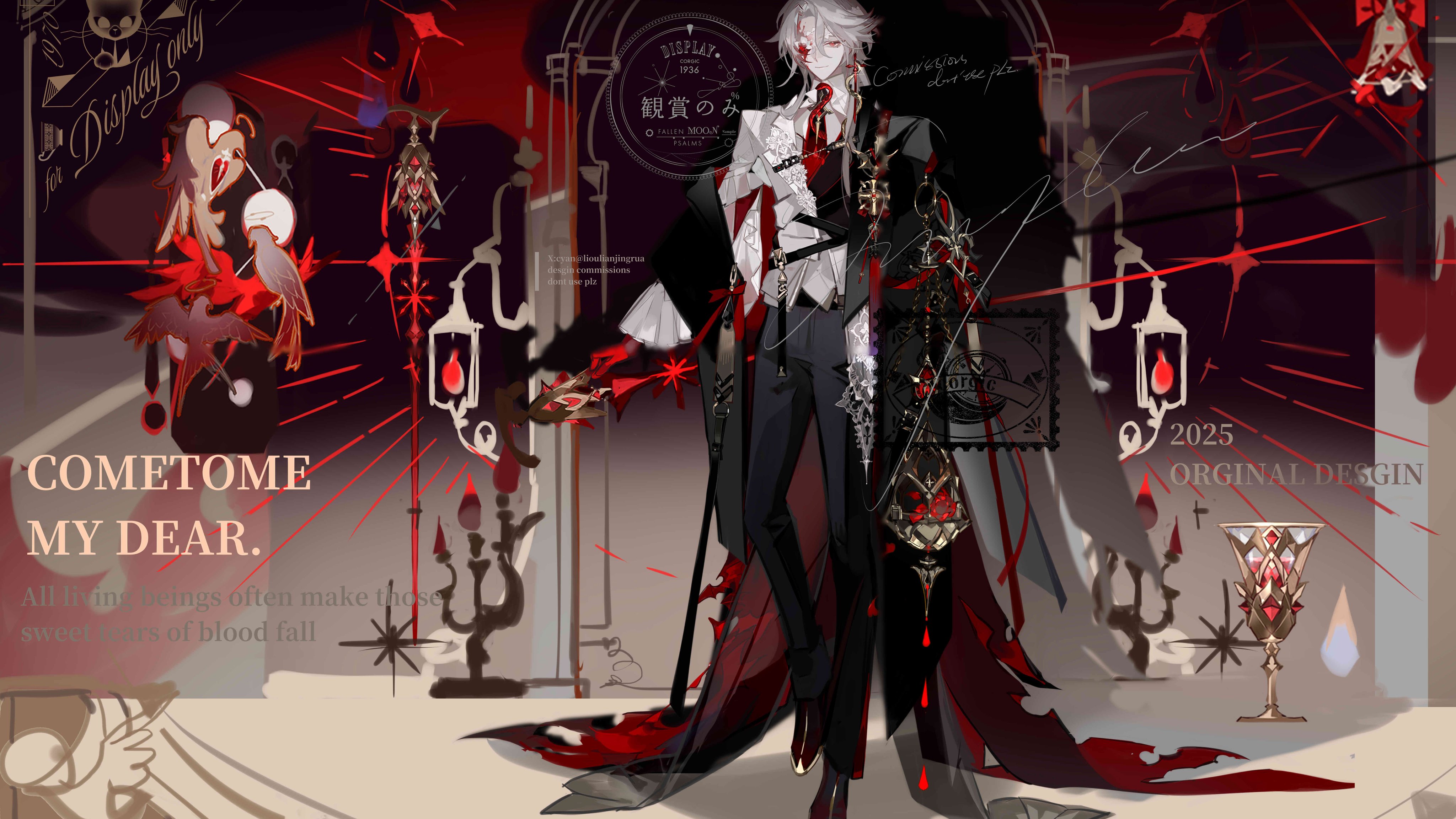 liulianjingrua, original, absurdres, highres, 1boy, alternate costume, ascot, belt, bird, blood, blood on face, brooch, candle, candlestand, cape, earrings, english text, flower, flower over eye, full body, gloves, grey hair, hair between eyes, holding, jewelry, lace trim, looking at viewer, male focus, necktie, one eye covered, pants, red eyes, red necktie, red snake, reference sheet, snake earrings, solo, standing, vampire