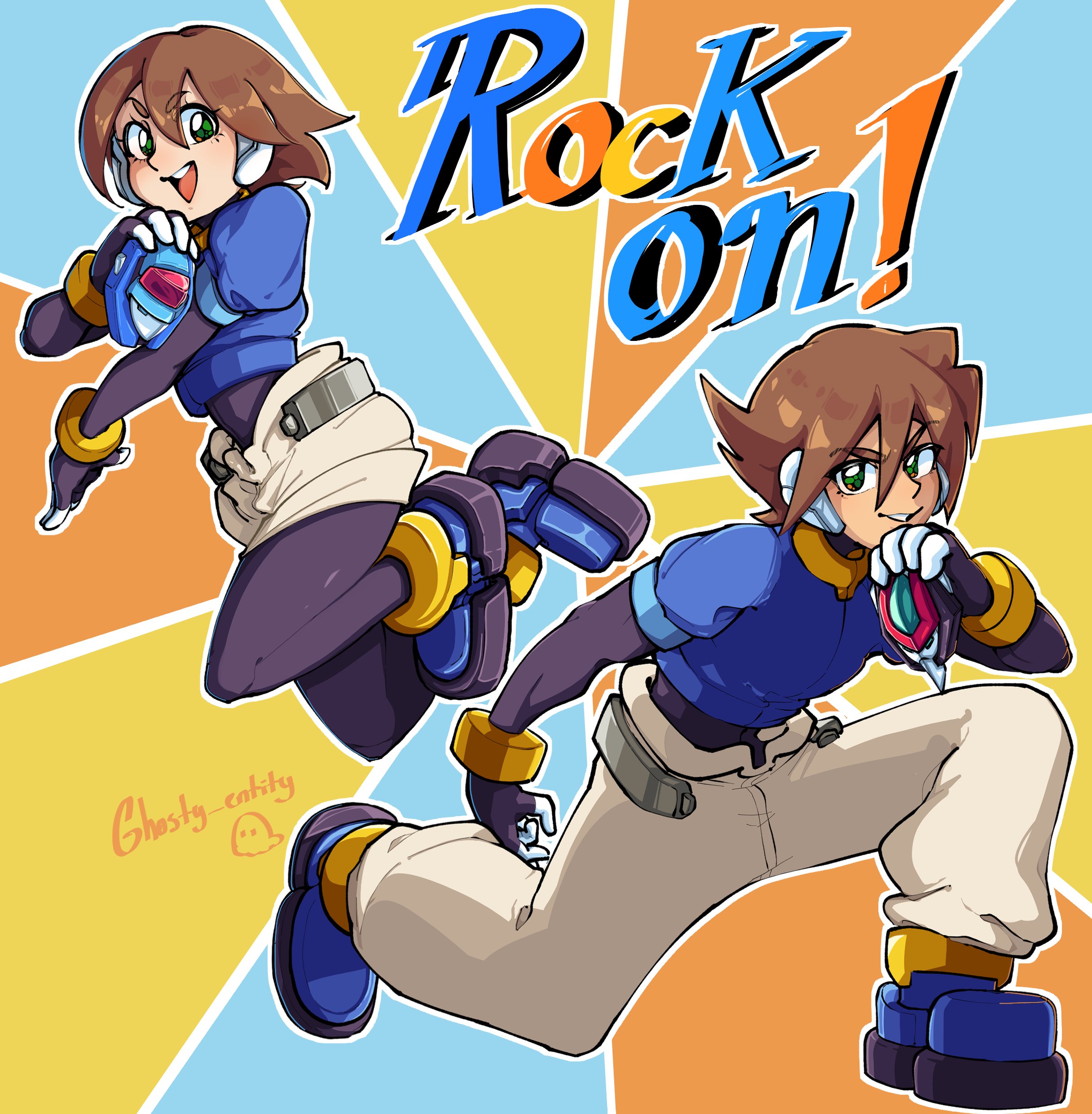 ghosty entity, aile (mega man zx), model x (mega man), model z (mega man), vent (mega man), mega man (series), mega man zx, absurdres, highres, 1boy, 1girl, biometal, black bodysuit, blue background, blue jacket, bodysuit, bodysuit under clothes, brown hair, cropped jacket, english text, green eyes, henshin pose, jacket, open mouth, orange background, pants, robot ears, short hair, shorts, simple background, twitter username, white pants, white shorts, yellow background