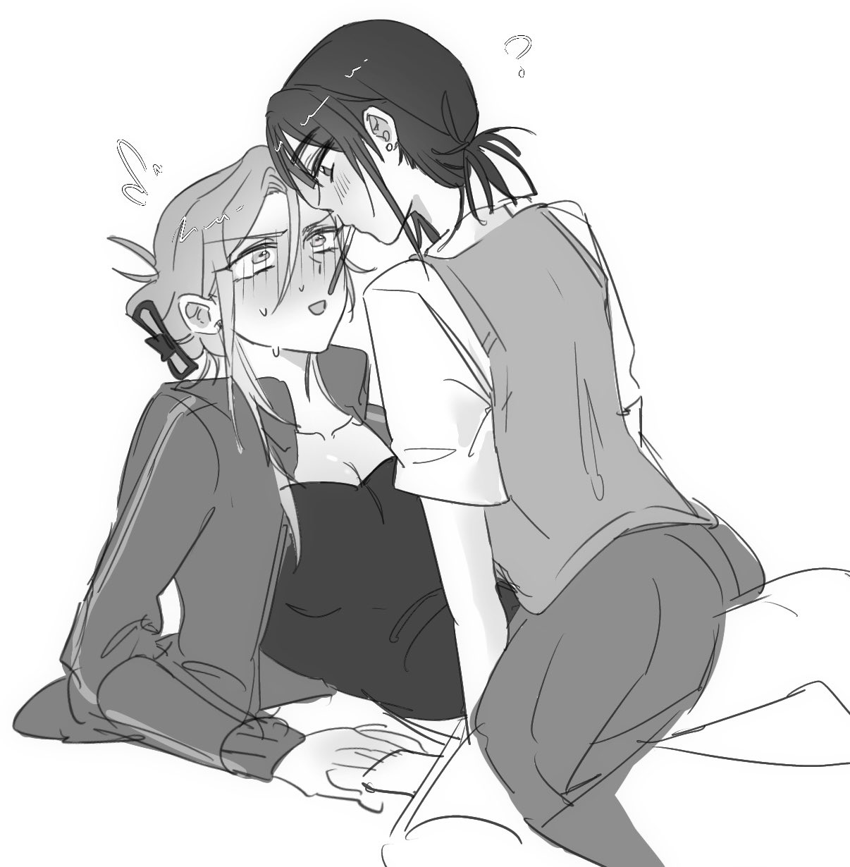 the quipper, mizi (alien stage), sua (alien stage), alien stage, commentary, english commentary, highres, 2girls, blush, breasts, cleavage, food, jacket, long hair, multiple girls, open mouth, pocky, pocky day, pocky kiss, shared food, shirt, short hair, straddling, sweat, sweater vest, yuri