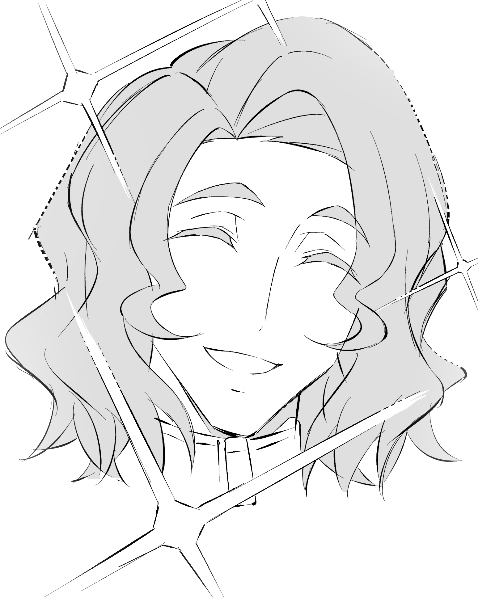 kojima takahiro, sawashiro kyo, digimon, digimon beatbreak, commentary, highres, symbol-only commentary, 1boy, closed eyes, greyscale, happy, male focus, monochrome, parted lips, short hair, simple background, smile, solo, sparkle, wavy hair, white background