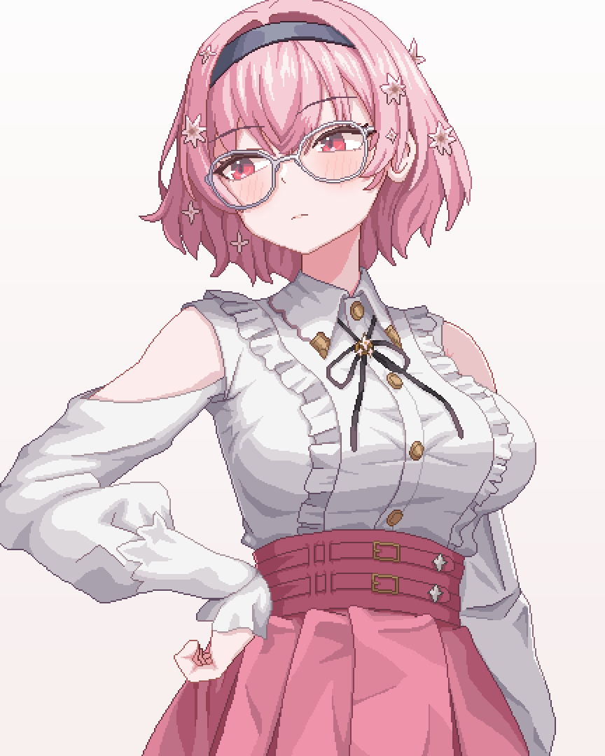 mqpixels, mori calliope, mori calliope (kawaiiope), hololive, hololive english, 1girl, blush, breasts, clothing cutout, collared shirt, flower, frills, glasses, hair flower, hair ornament, large breasts, long sleeves, official alternate costume, official alternate hairstyle, pink eyes, pink hair, pink skirt, pixel art, shirt, skirt, solo, virtual youtuber, white shirt