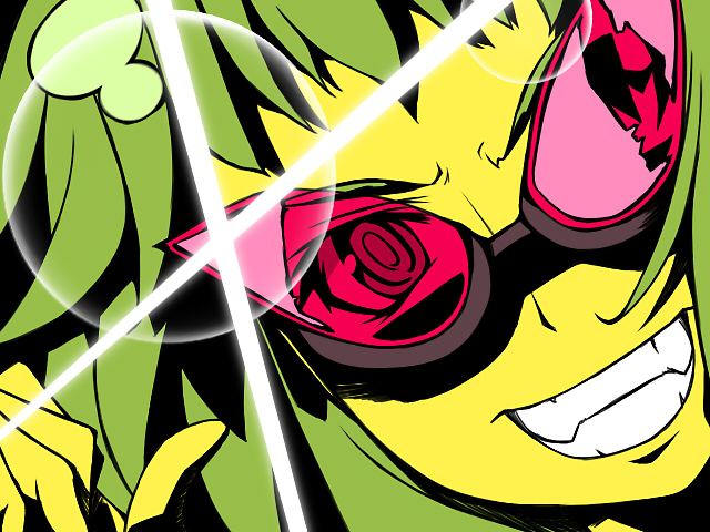 aaii, gumi, tengen toppa gurren lagann, vocaloid, 1girl, female focus, flat color, glasses, green hair, grin, high contrast, lens flare, parody, smile, solo