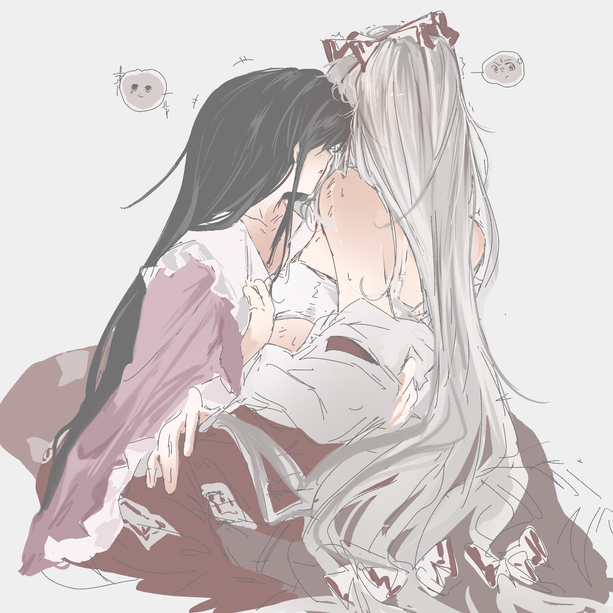 fujiwara no mokou, houraisan kaguya, touhou, commentary, highres, 2girls, alulue1, black hair, blush, bra, long hair, multiple girls, pants, pink shirt, purple background, red pants, shirt, simple background, spoken expression, sweat, underwear, white bra, white hair, white shirt, yuri