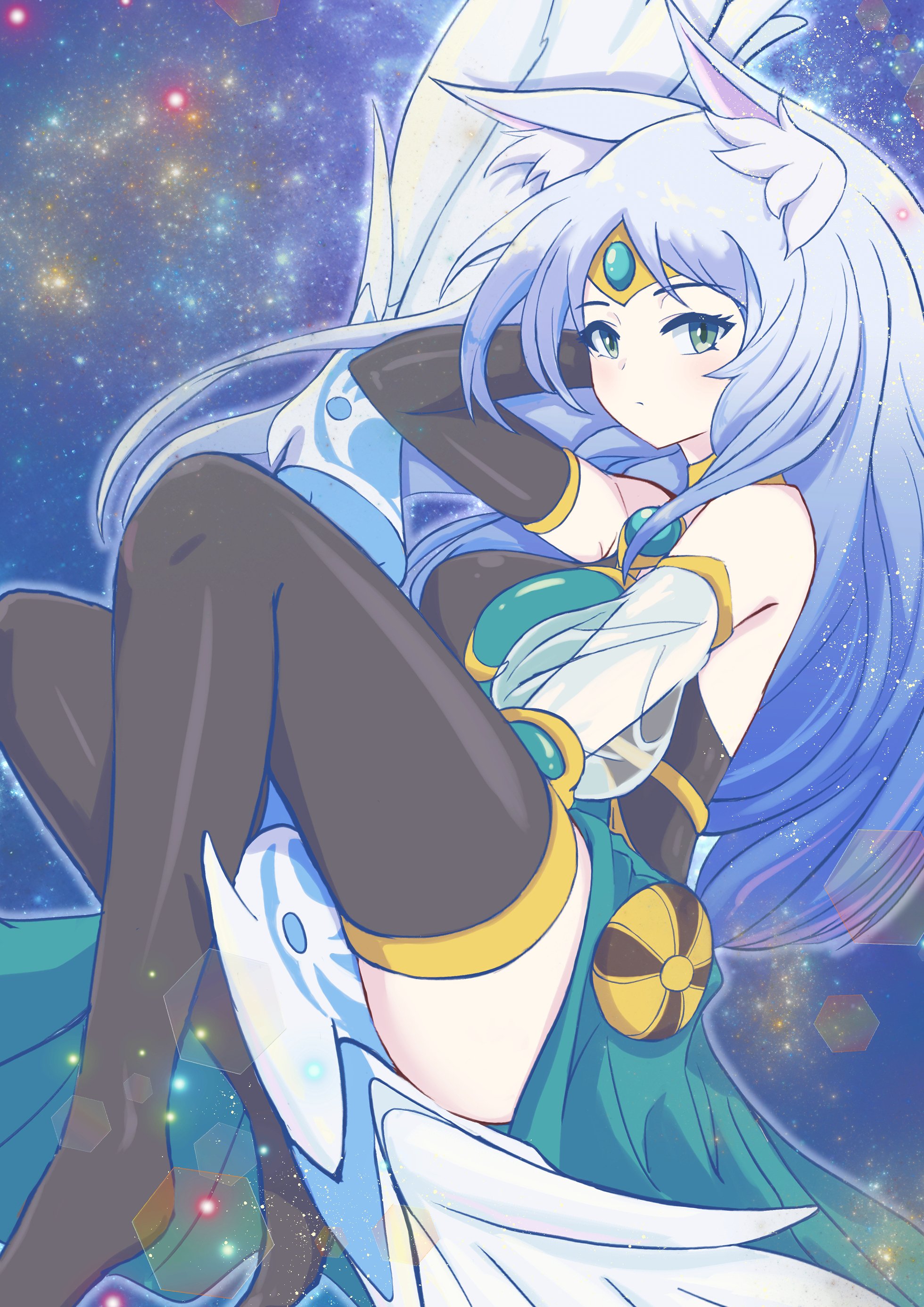 nasubi3632, apollousa bow of the goddess, yu-gi-oh!, absurdres, highres, 1girl, animal ear fluff, animal ears, bare shoulders, black thighhighs, blue hair, bow (weapon), breasts, duel monster, forehead jewel, green eyes, large breasts, long hair, looking at viewer, solo, star (sky), thighhighs, weapon