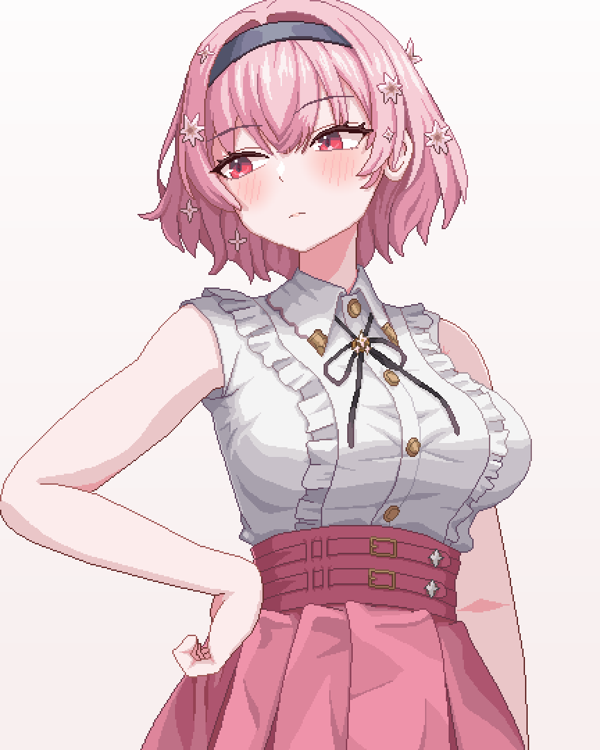 mqpixels, mori calliope, mori calliope (kawaiiope), hololive, hololive english, 1girl, blush, breasts, collared shirt, flower, frills, hair flower, hair ornament, large breasts, official alternate costume, official alternate hairstyle, pink eyes, pink hair, pink skirt, pixel art, shirt, skirt, solo, virtual youtuber, white shirt