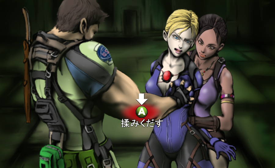 noizu, noizu (tragon), chris redfield, jill valentine, sheva alomar, capcom, resident evil, resident evil 5, translated, 1boy, 2girls, blonde hair, blue eyes, breasts, brown eyes, brown hair, dark skin, grabbing another's breast, groping, large breasts, multiple girls, open mouth, quick time event, short hair