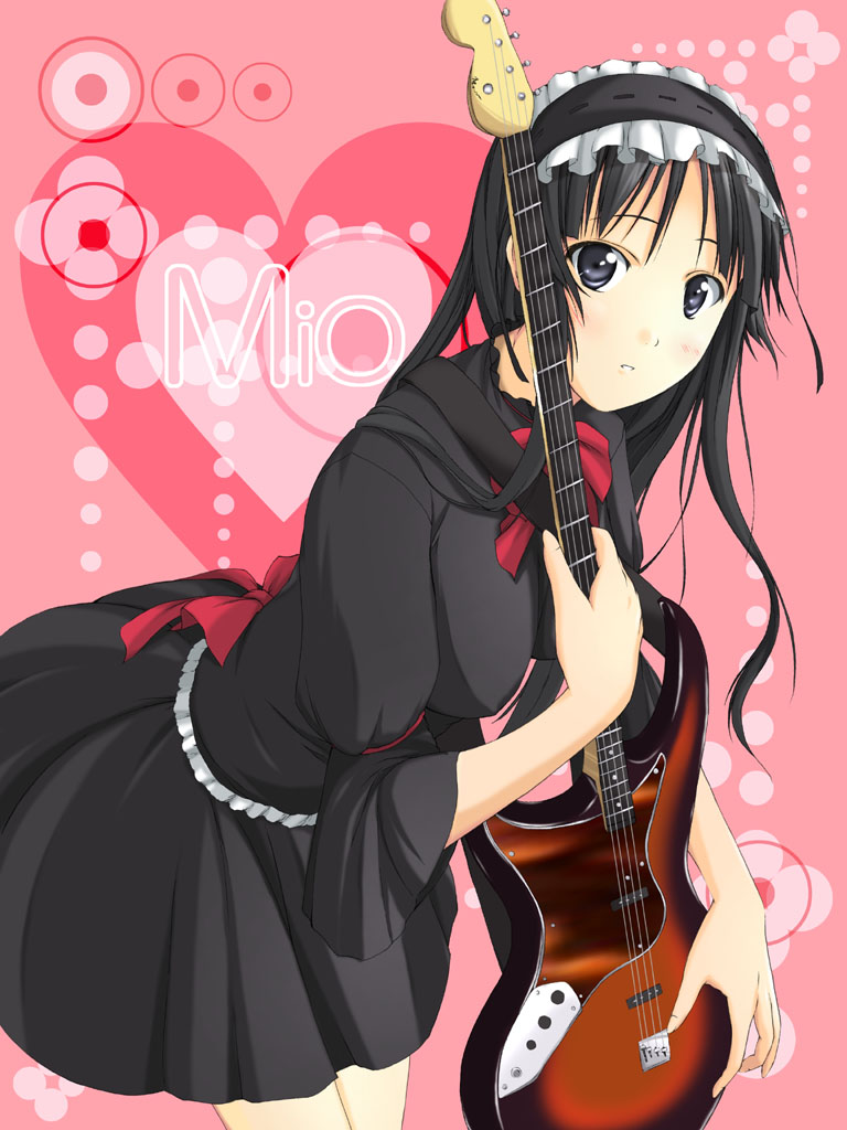 eviryun, akiyama mio, fuwafuwa time, k-on!, bad id, bad pixiv id, 00s, 1girl, bass guitar, black eyes, black hair, dress, female focus, gothic lolita, guitar, instrument, lolita fashion, long hair, solo
