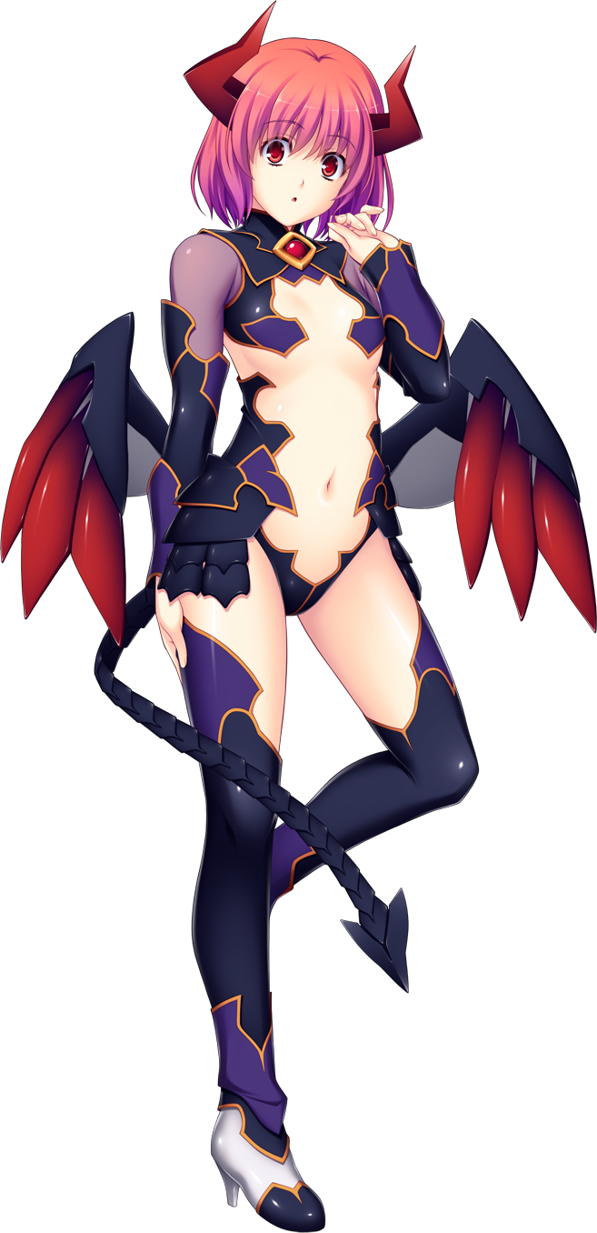 tsukumo kazuita, nerawareta megami tenshi angel tear, game cg, highres, large variant set, non-web source, official art, variant set, 1girl, :o, black thighhighs, breasts, demon girl, demon horns, demon tail, demon wings, full body, high heels, horns, looking at viewer, low wings, maya (angel tear), navel, open mouth, pink hair, red eyes, red hair, revealing clothes, short hair, small breasts, solo, standing, standing on one leg, tail, thighhighs, transparent background, wings