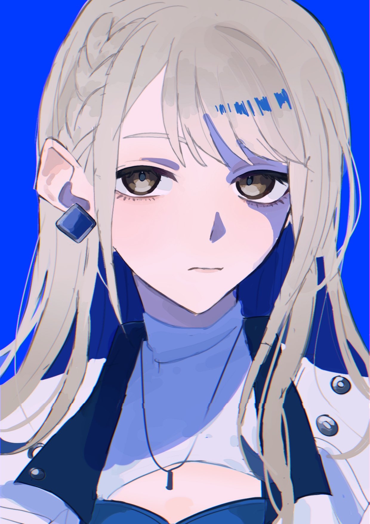 sirakokenn 625, azusawa kohane, project sekai, commentary, hashtag-only commentary, highres, 1girl, blue background, blue hair, braid, brown eyes, closed mouth, colored inner hair, earrings, grey hair, jewelry, long hair, multicolored hair, necklace, portrait, simple background, solo, whip the wimp girl!! (project sekai)