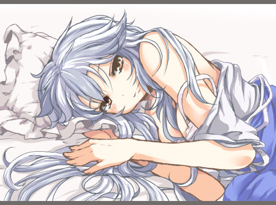 nejime, kamishirasawa keine, touhou, silver hair, bad id, bad pixiv id, 1girl, bare shoulders, bed, blush, bra, breasts, brown eyes, female focus, lingerie, long hair, lying, pillow, solo, underwear