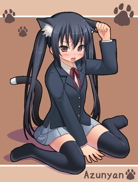 amamiya minato, nakano azusa, k-on!, 00s, 1girl, animal ears, black hair, blazer, blush, brown eyes, cat ears, cat girl, cat tail, female focus, full body, jacket, kneeling, long hair, neck ribbon, paw print, red ribbon, ribbon, school uniform, solo, tail, thighhighs, twintails, zettai ryouiki