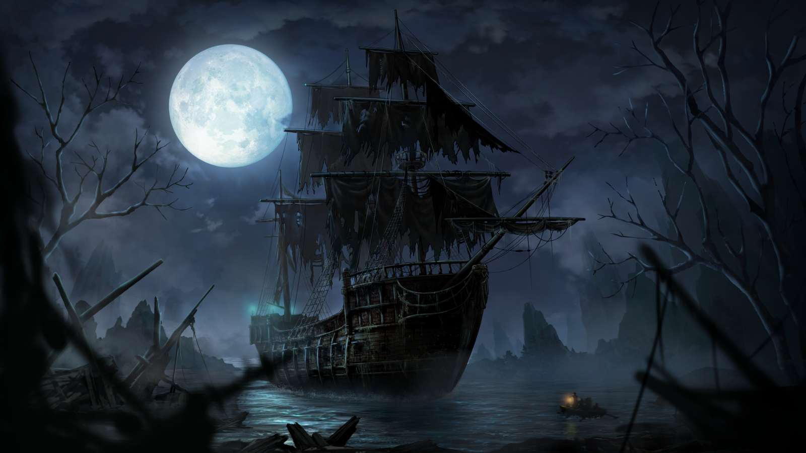 ragnarok online, artist request, highres, official art, black sky, cloud, full moon, moon, night, no humans, outdoors, pirate ship, ruins, sky