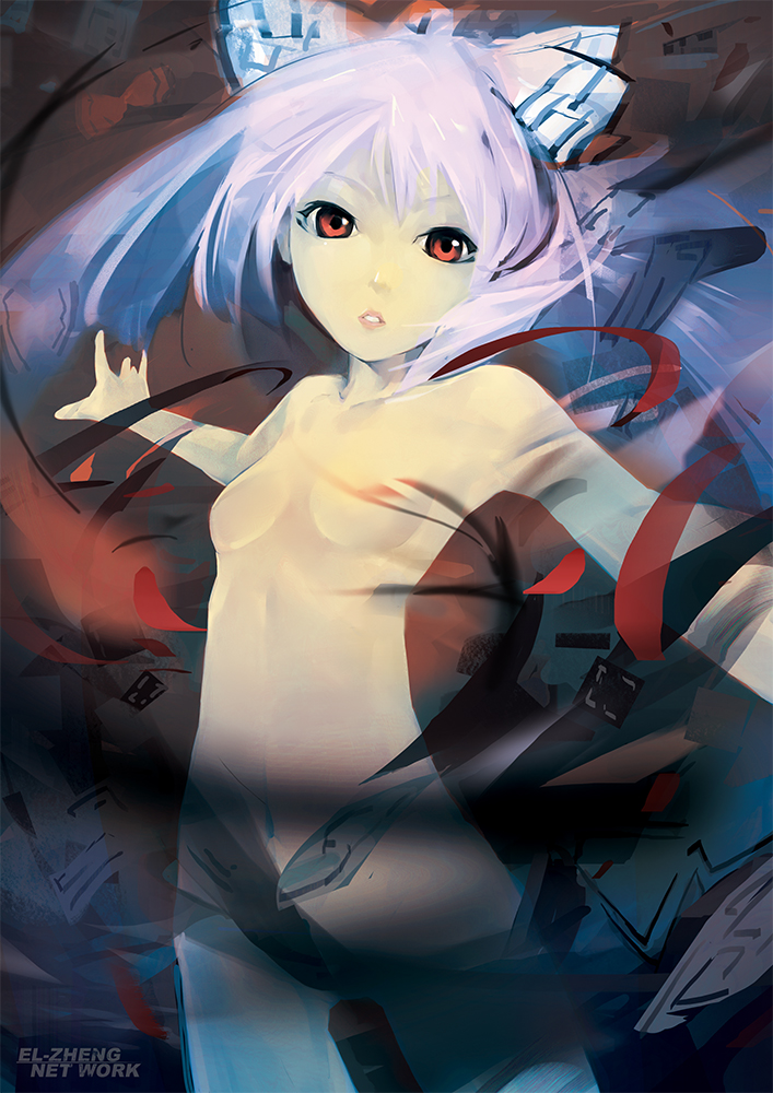 dan evan, fujiwara no mokou, touhou, 1girl, bow, censored, convenient censoring, female focus, flat chest, hair bow, long hair, nude, purple hair, red eyes, solo