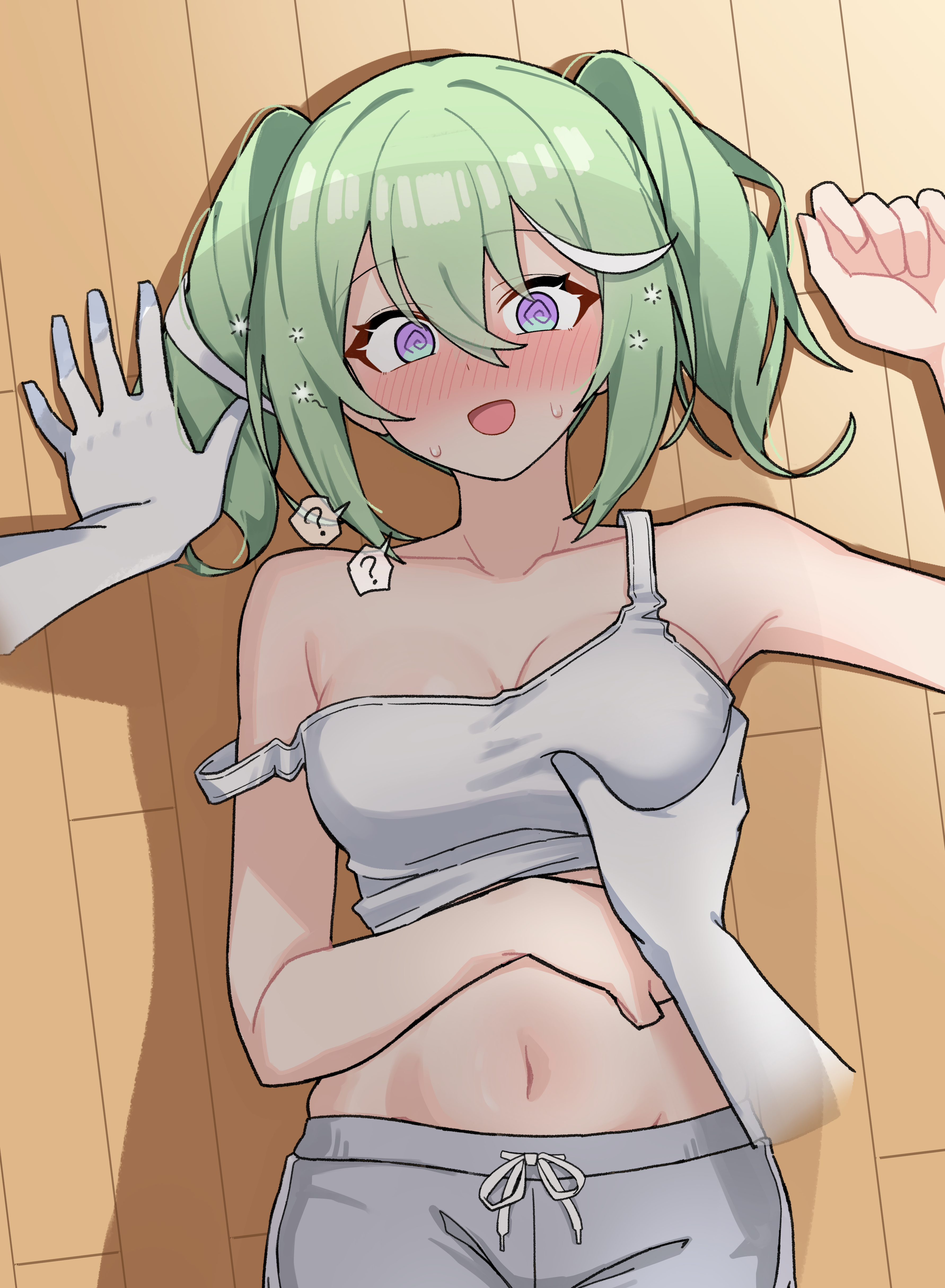 yuzuha riko, stellive, absurdres, commentary, highres, korean commentary, 1girl, 1other, ?, @ @, blush, breasts, clothes lift, collarbone, cowboy shot, disembodied hand, grabbing another's breast, green hair, grey shorts, groping, hair between eyes, hand on own stomach, hand up, large breasts, long bangs, looking at viewer, lying, maksagwa, medium hair, multicolored hair, navel, nose blush, on back, on floor, open mouth, pov, purple eyes, shadow, shorts, speech bubble, spoken question mark, stomach, strap slip, streaked hair, sweat, tank top, twintails, virtual youtuber, white tank top, wooden floor