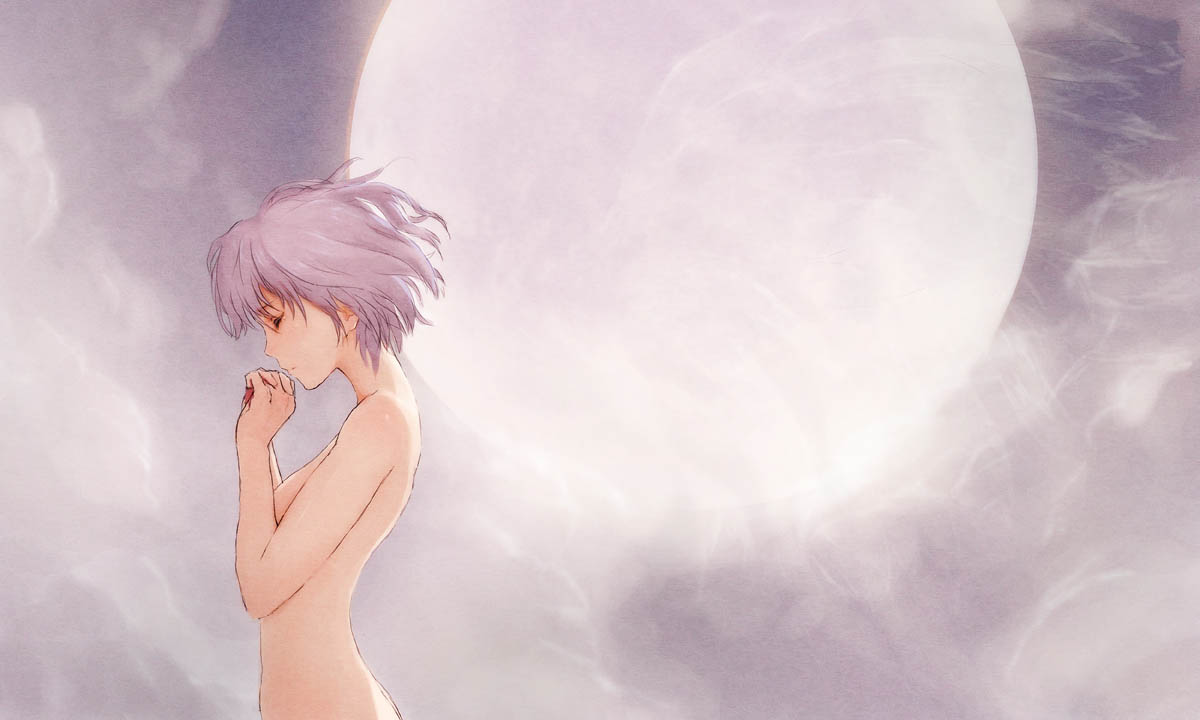 shiika sadamasa, original, bad id, bad pixiv id, 1girl, closed eyes, female focus, full moon, moon, nude, purple hair, short hair, solo