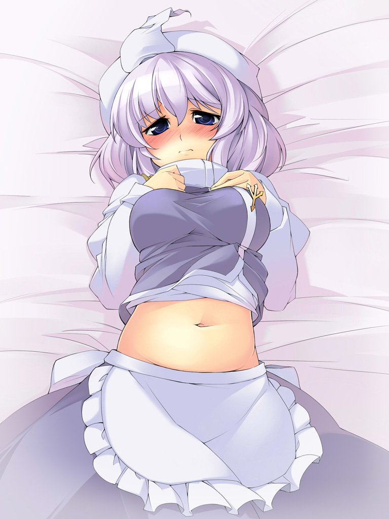 beihan, kokka han, letty whiterock, touhou, light purple hair, 1girl, apron, blue eyes, blush, female focus, hat, lying, midriff, navel, solo
