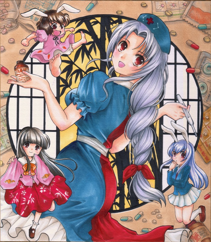 gintarou (puipuiginta), houraisan kaguya, inaba tewi, reisen udongein inaba, yagokoro eirin, touhou, light purple hair, silver hair, bad id, bad pixiv id, marker (medium), pastel (medium), traditional media, 4girls, alternate hair color, animal ears, barefoot, black hair, blazer, blue hair, braid, brown hair, chibi, covering own mouth, digital thermometer, female focus, hand over own mouth, jacket, long hair, long sleeves, multiple girls, necktie, pleated skirt, rabbit ears, red eyes, short hair, skirt, sleeves past wrists, smile, thermometer