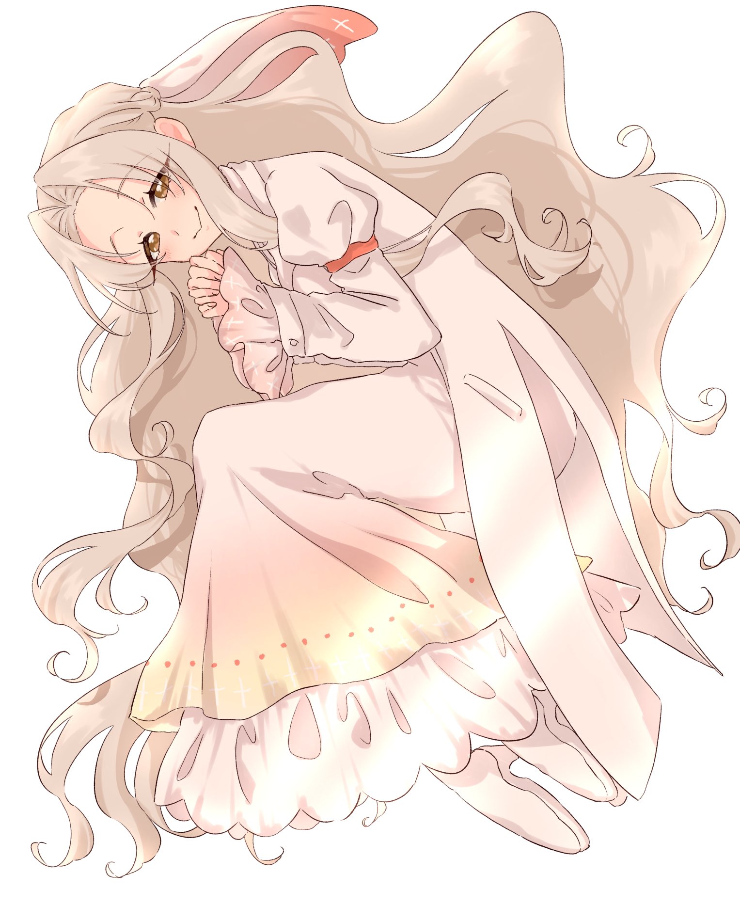 kikka 1003, jiai chiyu, kimi no koto ga dai dai dai dai daisuki na 100-nin no kanojo, commentary, highres, 1girl, blonde hair, boots, brown eyes, curtained hair, dress, frilled dress, frilled sleeves, frills, high heel boots, high heels, juliet sleeves, long hair, long sleeves, looking at viewer, own hands clasped, own hands together, puffy sleeves, simple background, smile, solo, veil, very long hair, white background, white boots