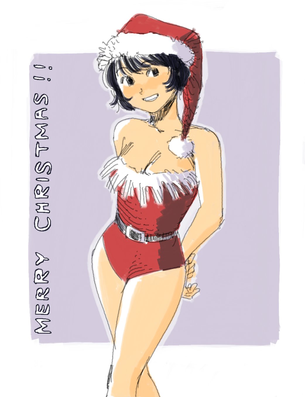 heidi (heytherenrds), original, highres, 1girl, belt, black hair, breasts, cleavage, cowboy shot, fur-trimmed headwear, fur trim, grin, hat, leotard, merry christmas, pom pom (clothes), red leotard, santa costume, santa hat, short hair, smile, solo, strapless, strapless leotard