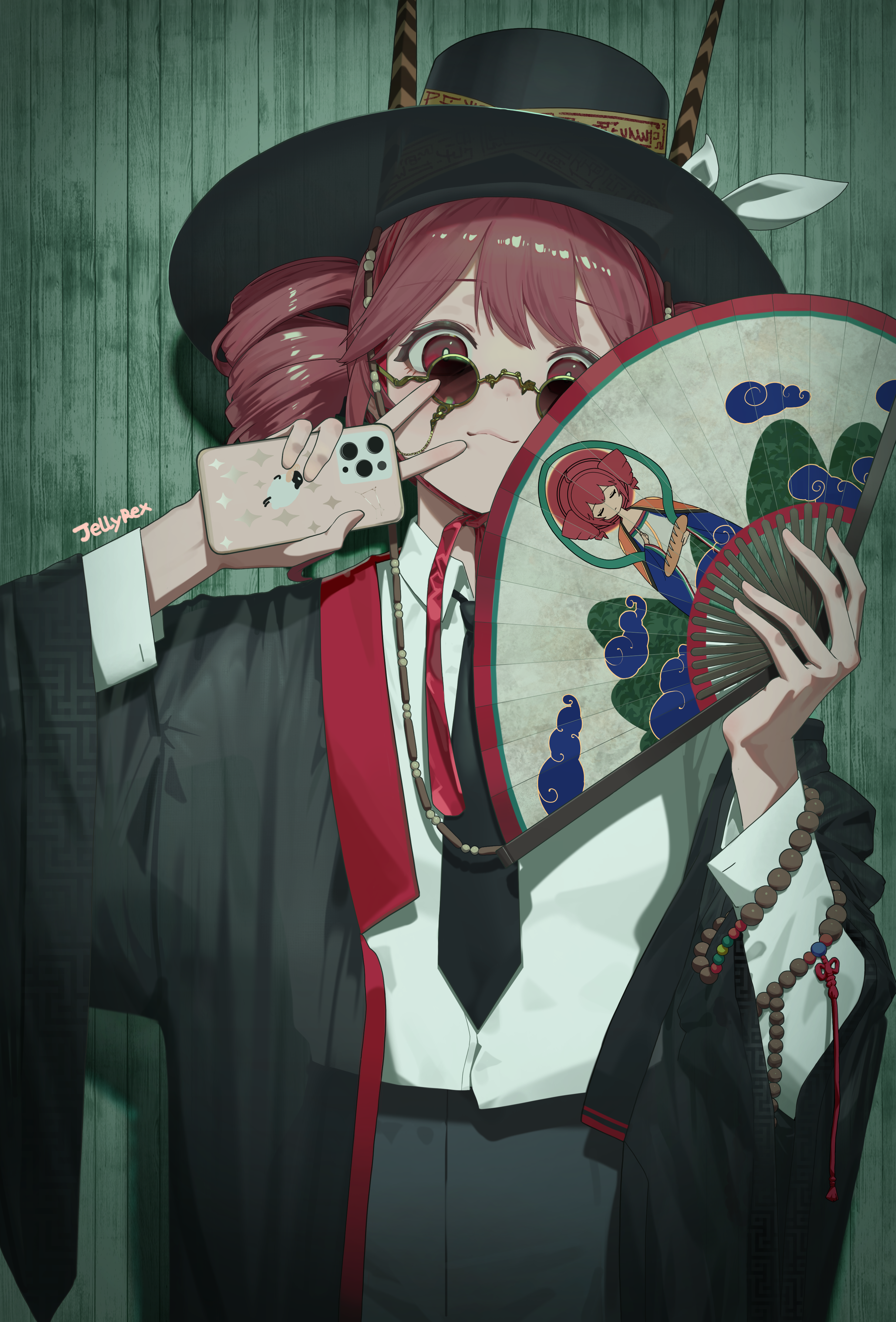 kasane teto, kasane teto (sv), synthesizer v, utau, absurdres, highres, 1girl, alternate costume, artist name, black jacket, black necktie, cellphone, closed mouth, collared shirt, drill hair, folding fan, glasses, hand fan, holding, holding fan, holding phone, jacket, jellyrexart, looking at viewer, necktie, open clothes, open jacket, phone, red eyes, red hair, shirt, smartphone, solo, white shirt