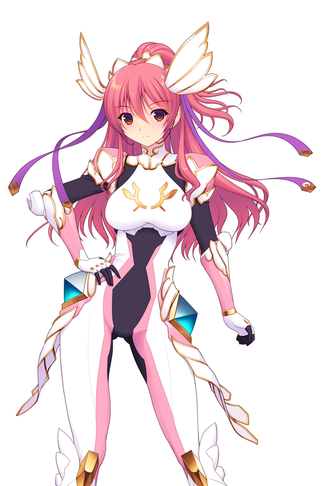 saitou natsuki, suhamaya, en ciel rena, en ciel rena (aegis), tomoe rena, kourin tenshi en ciel rena, game cg, large variant set, non-web source, official art, variant set, 1girl, armor, bodysuit, breasts, contrapposto, gloves, gluteal fold, hair ornament, hair ribbon, hand on own hip, high ponytail, long hair, looking at viewer, magical girl, orange eyes, pink hair, ponytail, red eyes, ribbon, solo, standing, transparent background