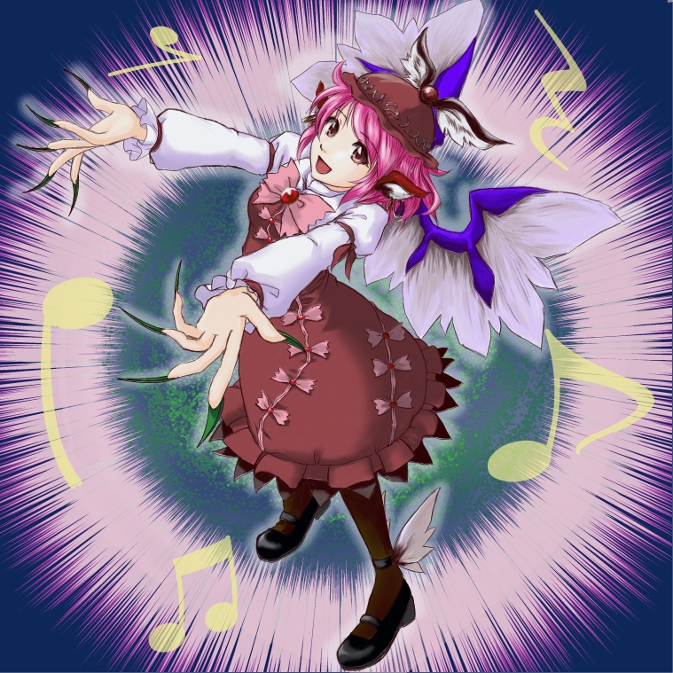 abo, abo (hechouchou), mystia lorelei, touhou, winged footwear, bad id, bad pixiv id, 1girl, animal ears, brown eyes, female focus, fingernails, hat, long fingernails, musical note, nail (hardware), pantyhose, pink hair, shoes, short hair, solo, wings