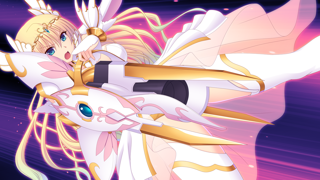 saitou natsuki, suhamaya, en ciel rena, en ciel rena (laelith), tomoe rena, kourin tenshi en ciel rena, game cg, large variant set, non-web source, official art, variant set, 1girl, aiming, armor, blonde hair, blue eyes, boots, bow (weapon), breasts, bridal gauntlets, crossbow, gun, holding, holding weapon, jewelry, long hair, looking at viewer, magical girl, open mouth, shield, solo, thigh boots, thighhighs, tiara, very long hair, weapon, white thighhighs