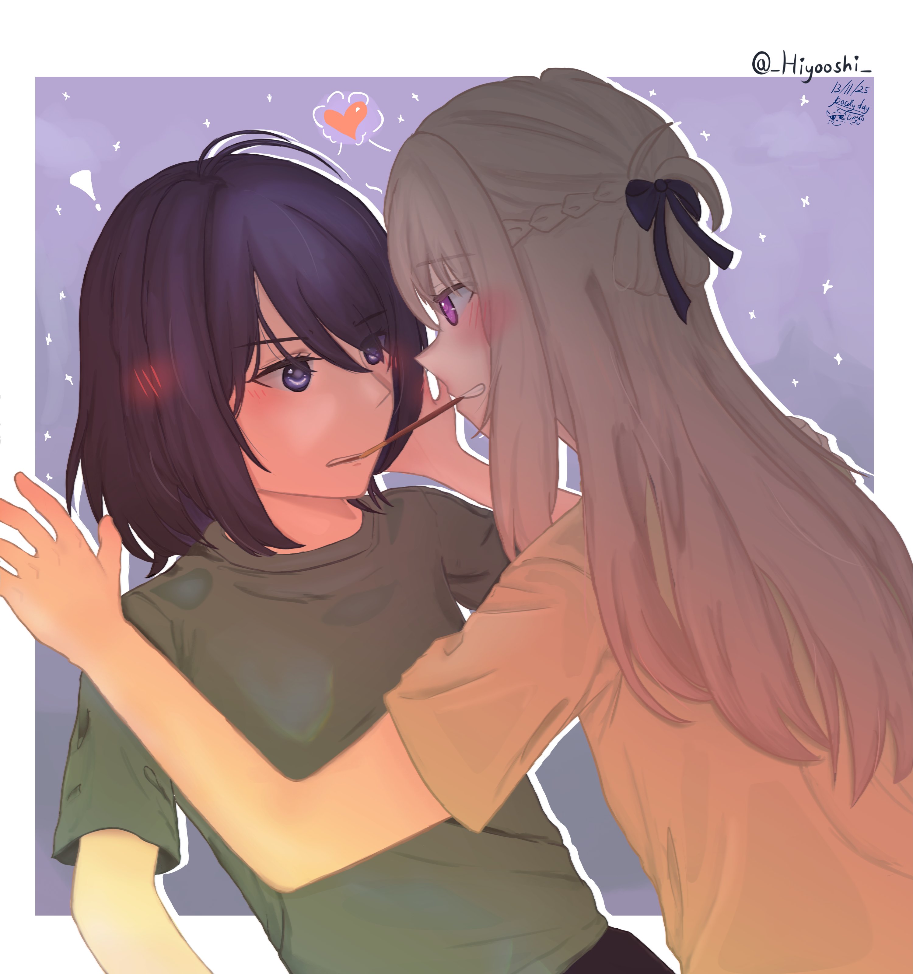 miyagi shiori, sendai hazuki, shuuniichido classmate wo kau hanashi, absurdres, commentary, english commentary, highres, 2girls, black ribbon, blush, braid, brown hair, food, green shirt, hair ribbon, half up braid, heart, hiyooshi, long hair, medium hair, multiple girls, pocky, pocky day, pocky kiss, purple background, purple eyes, purple hair, ribbon, shared food, shirt, yellow shirt, yuri