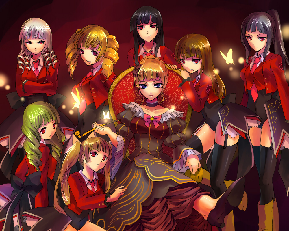 kobanzame, asmodeus (umineko), beatrice (umineko), beelzebub (umineko), belphegor (umineko), leviathan (umineko), lucifer (umineko), mammon (umineko), satan (umineko), stakes of purgatory, umineko no naku koro ni, bad id, bad pixiv id, 00s, 6+girls, angry, black hair, blonde hair, blue eyes, blunt bangs, bow, brown hair, bug, butterfly, choker, collarbone, dress, drill hair, flower, frills, green hair, hime cut, insect, jacket, kiseru, long hair, multiple girls, necktie, pink bow, pink necktie, ponytail, red eyes, ribbon, ringlets, short hair, smile, smoking pipe, thighhighs, throne, twintails, white hair, zettai ryouiki