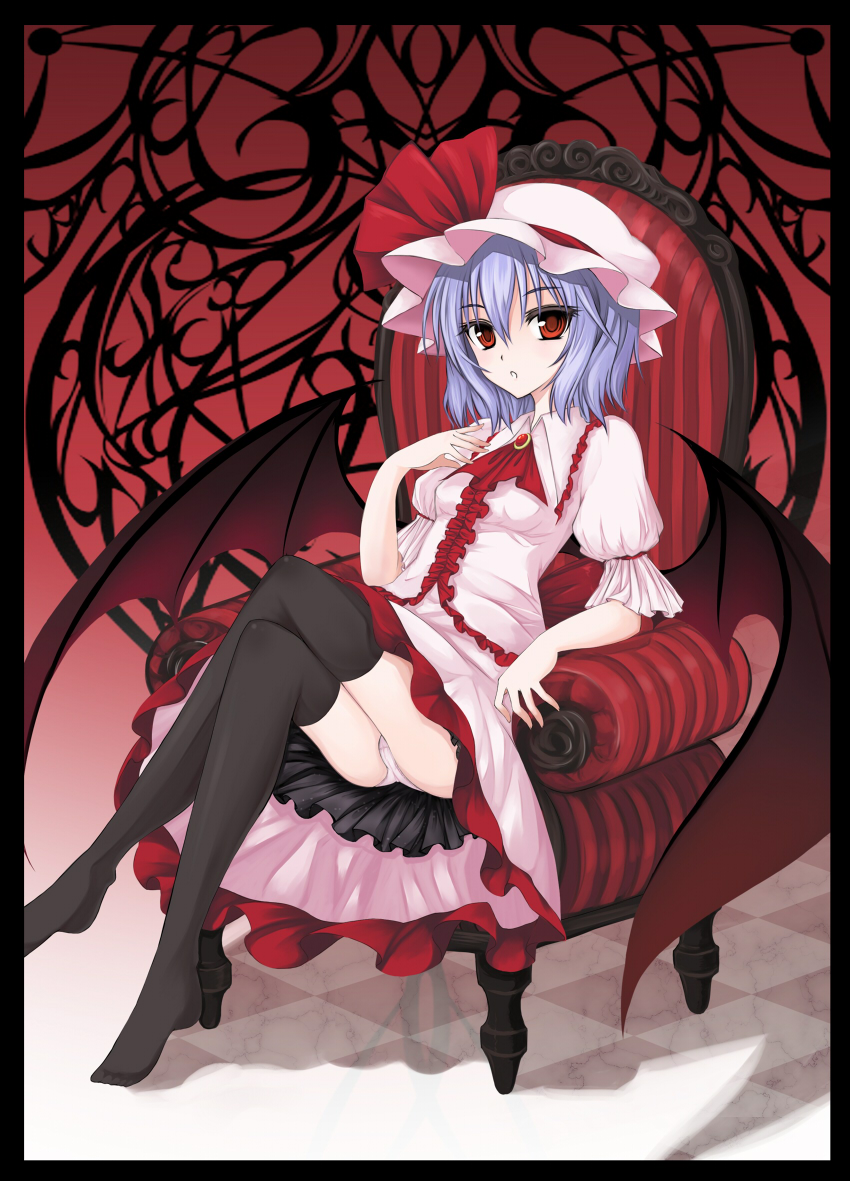 utakata (kochou no yume), remilia scarlet, touhou, light purple hair, 1girl, :o, armchair, bat wings, black thighhighs, blue hair, border, chair, crossed legs, feet, female focus, hand on own chest, hat, legs, no shoes, panties, red eyes, short hair, sitting, solo, thighhighs, underwear, wings