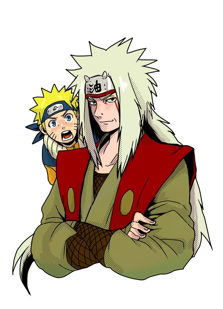 tamagokara, jiraiya (naruto), uzumaki naruto, naruto (classic), naruto (series), 2boys, black eyes, blonde hair, blue eyes, closed mouth, cropped torso, crossed arms, facial mark, forehead protector, konohagakure symbol, long hair, long sleeves, looking at viewer, male focus, multiple boys, open mouth, short hair, spiked hair, teeth, whisker markings, white background, white hair